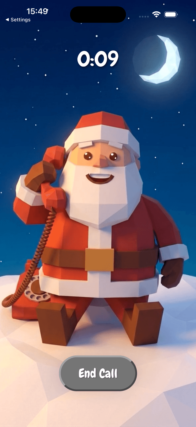 Call Santa Now app showing an active call with Santa